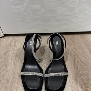 Zara Black Rhinestone-Trimmed Block Heel Sandals